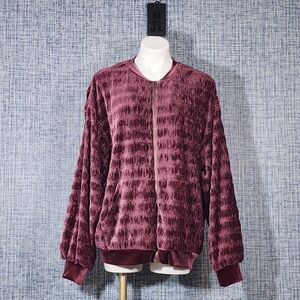 Velvet Textured Zip Front Jacket| Burgundy Plush Bomber Style| Cozy Chic| SizeL